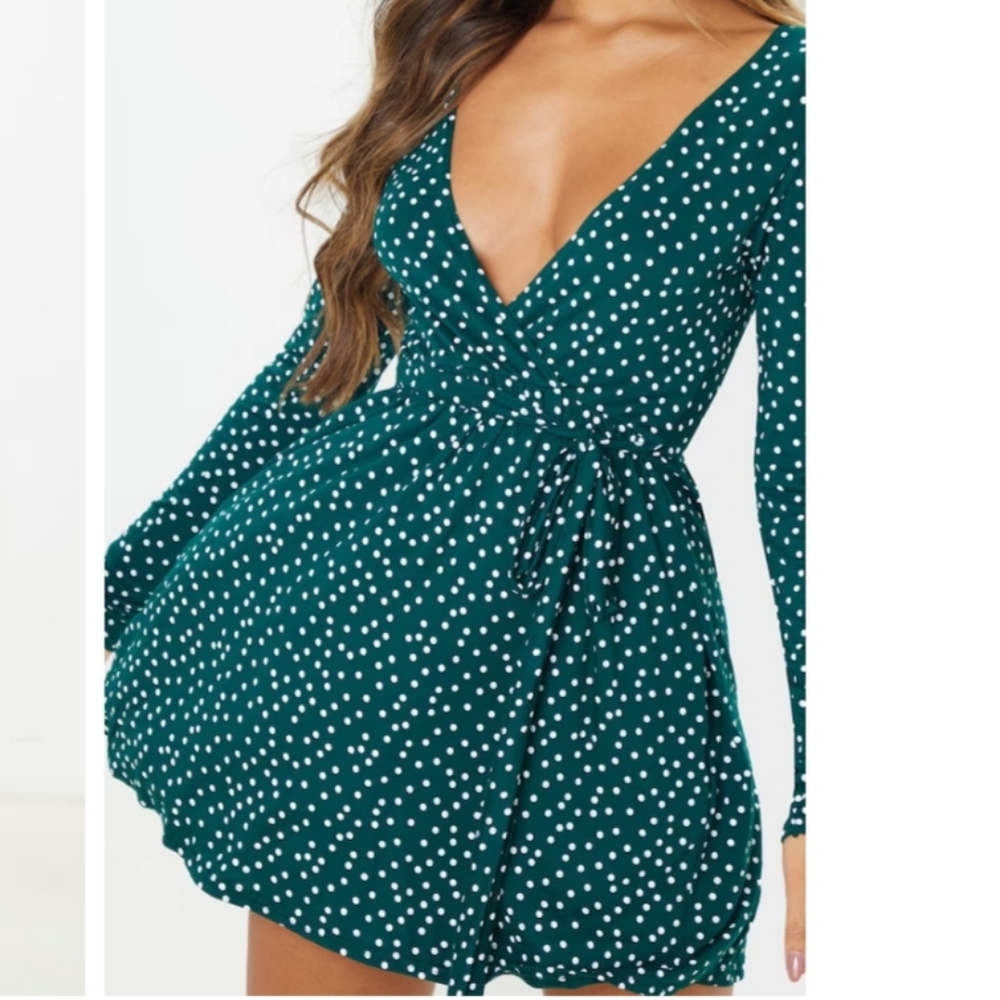 PrettyLittleThing 💚 Emerald Green Polka Dot Print Wrap Long Sleeve Dress